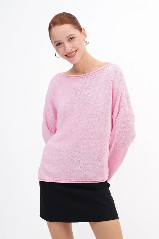 Kayık Yaka Triko Kazak K10237-A5 - Pembe - 5