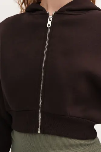 Şardonlu Kapüşonlu Crop Sweatshirt H1526-T9 - Acı Kahve - 3