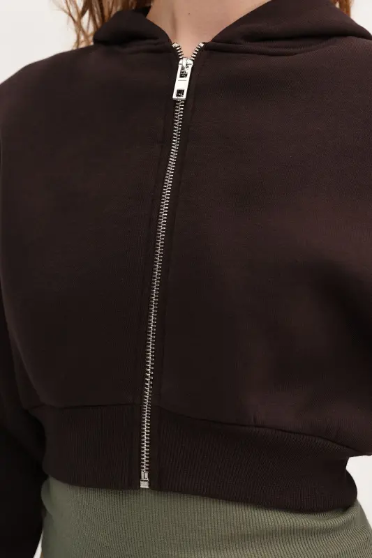 Şardonlu Kapüşonlu Crop Sweatshirt H1526-T9 - Acı Kahve - 3