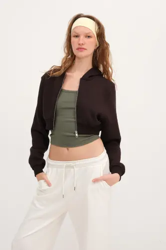 Şardonlu Kapüşonlu Crop Sweatshirt H1526-T9 - Acı Kahve - 4
