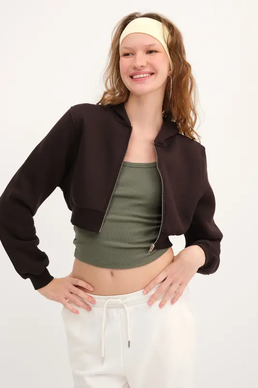 Şardonlu Kapüşonlu Crop Sweatshirt H1526-T9 - Acı Kahve - 5