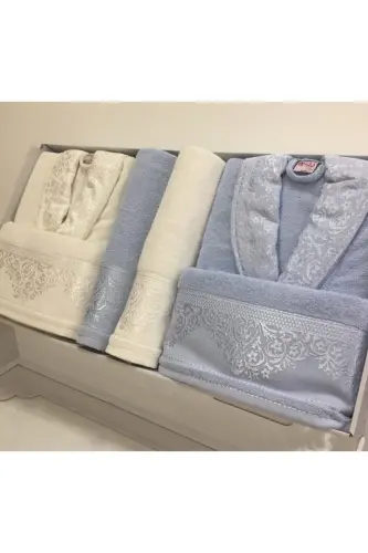 Aile Bornoz Seti - Açık Mavi-Beyaz 