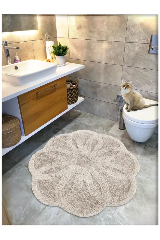 Pamuk Tafting Su Emici Banyo Paspası, Banyo Halısı LOTUS 100 x 100 CM BEJ - Bej - 1