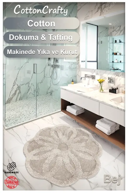 Pamuk Tafting Su Emici Banyo Paspası, Banyo Halısı LOTUS 100 x 100 CM BEJ - Bej - 3