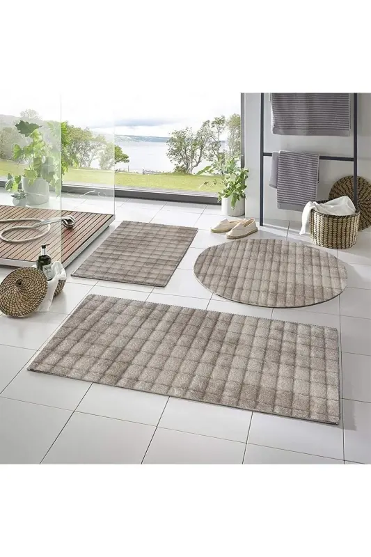Lüx 3'lü Kare Plus Pofidik Banyo Halısı Klozet Takımı -- 50x90--50x60--50x50(YUVARLAK) - Krem - 1