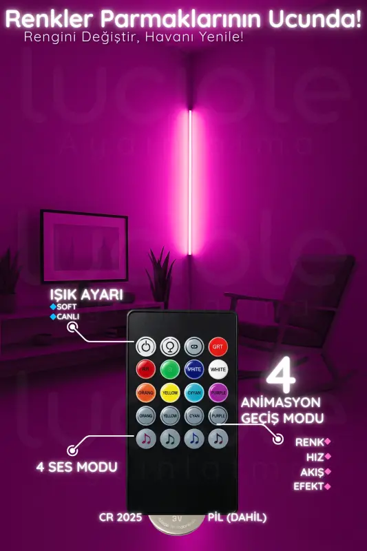 Renkli Ses Kontrollü RGB LED Lamba – Kumandalı Aplik / Abajur Işık Efektli Dekor - Ses-Music-Renkli-Bar - 2