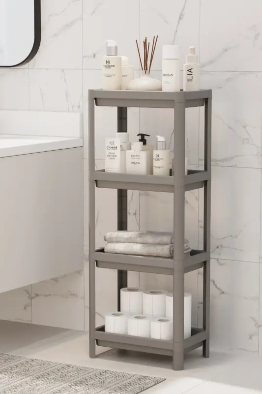 4 Katlı Banyo Raf Ünitesi Vesken Banyo Düzenleyici Şampuanlık Havluluk Dolap - GRİİ - 1