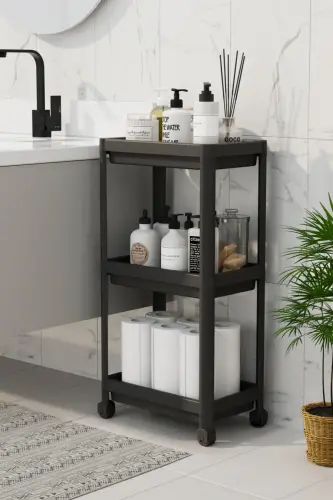 3 Katlı Banyo Raf Ünitesi (PEGGY) Siyah Banyo Düzenleyici Şampuanlık Havluluk Dolap ( Siyah) - SİYAH 