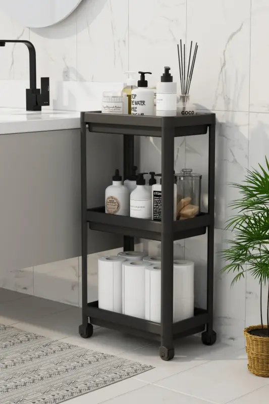 3 Katlı Banyo Raf Ünitesi (PEGGY) Siyah Banyo Düzenleyici Şampuanlık Havluluk Dolap ( Siyah) - SİYAH - 1