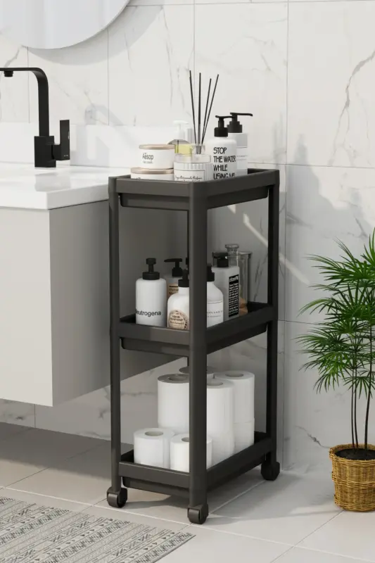 3 Katlı Banyo Raf Ünitesi (PEGGY) Siyah Banyo Düzenleyici Şampuanlık Havluluk Dolap ( Siyah) - SİYAH - 4
