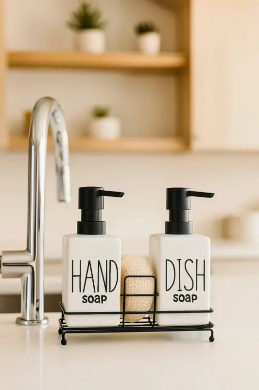 2'li Metal Stantlı ve Süngerli Kare Porselen Sıvı Sabunluk Mutfak Seti, Hand and Dish Fenomen Set 400 ML - Kare Beyaz - 6