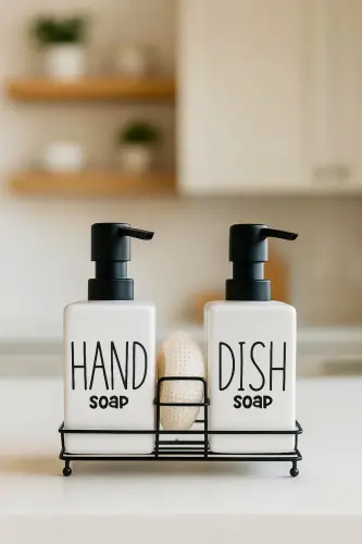 2'li Metal Stantlı ve Süngerli Kare Porselen Sıvı Sabunluk Mutfak Seti, Hand and Dish Fenomen Set 400 ML - Kare Beyaz - 7