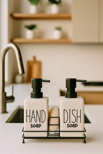 2'li Metal Stantlı ve Süngerli Kare Porselen Sıvı Sabunluk Mutfak Seti, Hand and Dish Fenomen Set 400 ML - Kare Beyaz - 8
