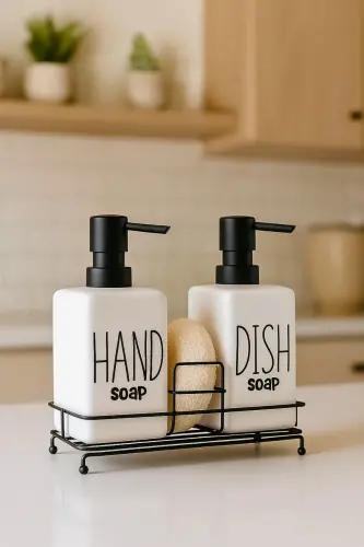 2'li Metal Stantlı ve Süngerli Kare Porselen Sıvı Sabunluk Mutfak Seti, Hand and Dish Fenomen Set 400 ML - Kare Beyaz 