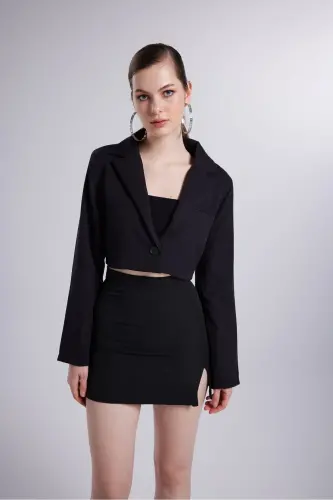Vatkalı Crop Model Uzun Kol Blazer Panky Ceket Siyah - Siyah - 1