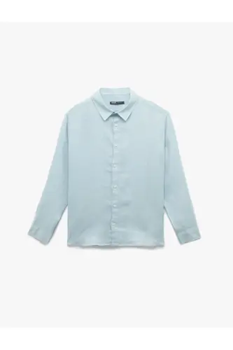 Klasik Yaka Regular Fit Uzun Kollu Keten Gömlek - Mavi - 3