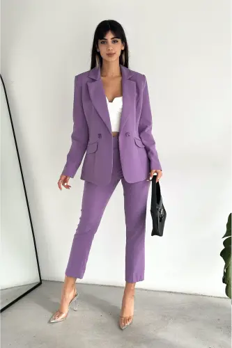 Mor Kruvaze Blazer Ceket Havuç Pantolon Takım Elbise - Lila - 6