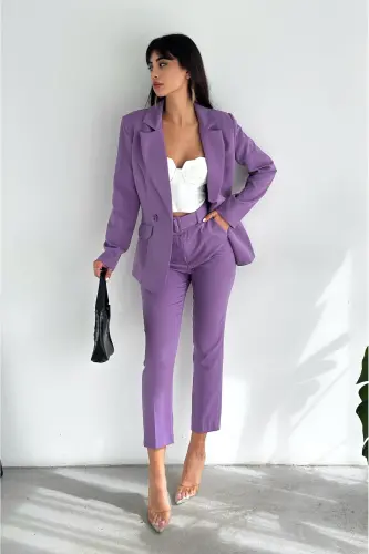 Mor Kruvaze Blazer Ceket Havuç Pantolon Takım Elbise - Lila - 7