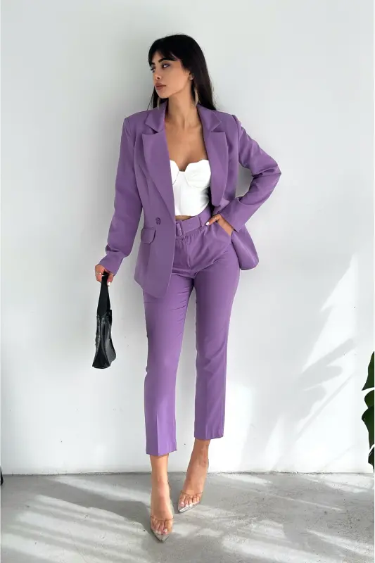 Mor Kruvaze Blazer Ceket Havuç Pantolon Takım Elbise - Lila - 7