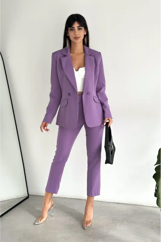 Mor Kruvaze Blazer Ceket Havuç Pantolon Takım Elbise - Lila - 1