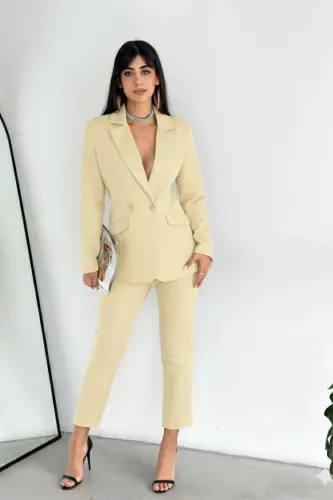 Açık Sarı Kruvaze Blazer Ceket Havuç Pantolon Takım Elbise - Sarı - 2
