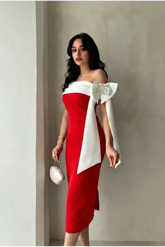 Brıanna Çift Renk Midi Kemerli Elbise - Beyaz-Kırmızı - 5