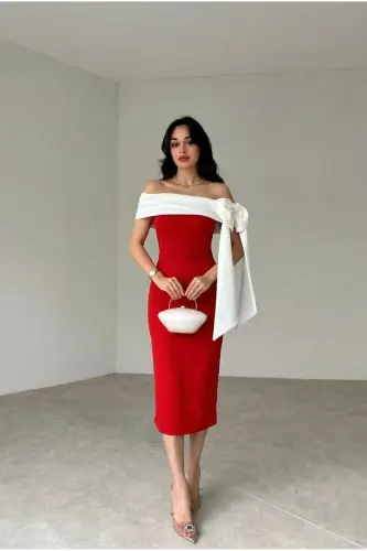Brıanna Çift Renk Midi Kemerli Elbise - Beyaz-Kırmızı - 7