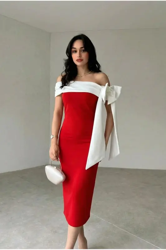 Brıanna Çift Renk Midi Kemerli Elbise - Beyaz-Kırmızı - 2