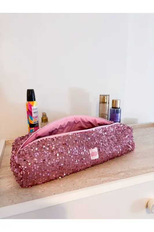 Pembe Payetli Saç Düzleştirici Çantası Pullu Pembe Airwrap Airstrait Uyumlu Seyahat Çantası - Pembe Payetli - 1