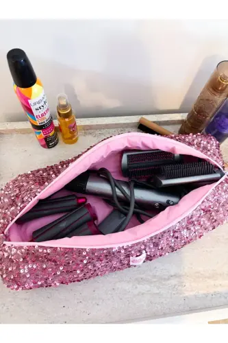 Pembe Payetli Saç Düzleştirici Çantası Pullu Pembe Airwrap Airstrait Uyumlu Seyahat Çantası - Pembe Payetli - GIRLSYBAGS (1)