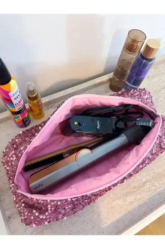 Pembe Payetli Saç Düzleştirici Çantası Pullu Pembe Airwrap Airstrait Uyumlu Seyahat Çantası - Pembe Payetli - 3