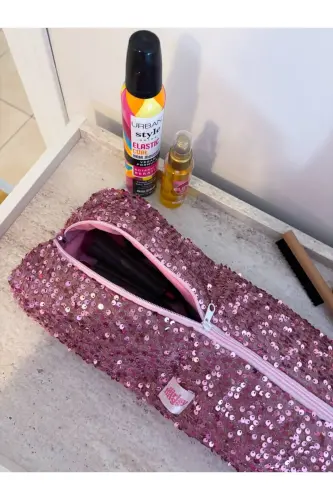 Pembe Payetli Saç Düzleştirici Çantası Pullu Pembe Airwrap Airstrait Uyumlu Seyahat Çantası - Pembe Payetli - 5