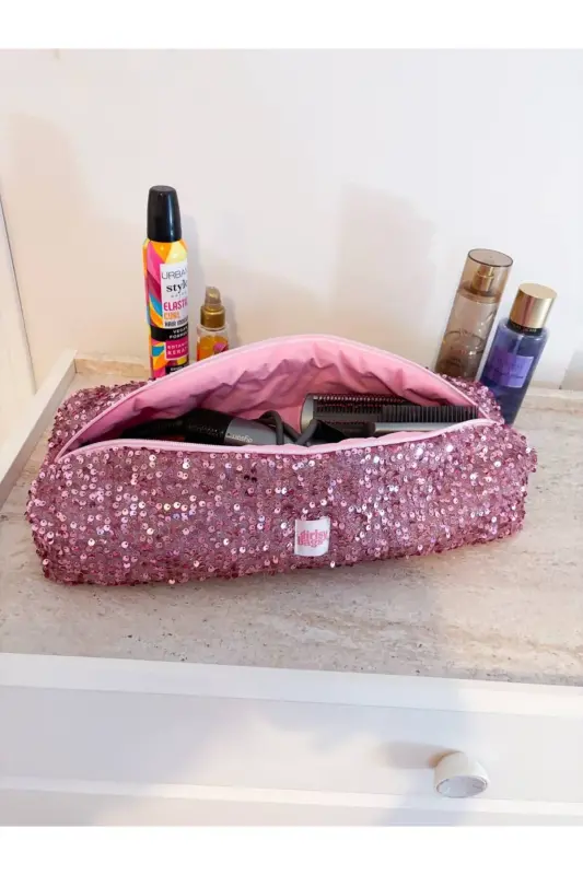 Pembe Payetli Saç Düzleştirici Çantası Pullu Pembe Airwrap Airstrait Uyumlu Seyahat Çantası - Pembe Payetli - 6