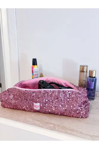 Pembe Payetli Saç Düzleştirici Çantası Pullu Pembe Airwrap Airstrait Uyumlu Seyahat Çantası - Pembe Payetli - 7