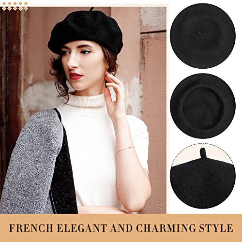 15 Pieces Women Wool Beret Hat Wool French Beret Hat Artist Cap Winter Solid Color Cap for Women(Black) - 2