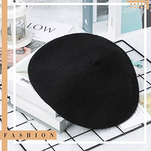 15 dona Ayollar uchun jun beret shlyapa, jun fransuz beret shlyapa, rassom beret qalpoq, qishki bir rangli shlyapa ayollar va qizlar uchun (qora) - 5