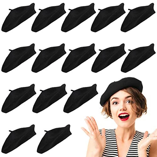 15 dona Ayollar uchun jun beret shlyapa, jun fransuz beret shlyapa, rassom beret qalpoq, qishki bir rangli shlyapa ayollar va qizlar uchun (qora) - Honoson