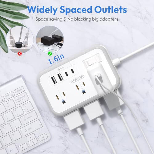 15 Feet Uzunluğunda Uzatma Kablosu, 6 Geniş Prizli ve 4 USB Portlu Akım Koruyucu Priz, Düz Fiş, Duvara Monte Priz Uzatıcısı, 1080 Joule, İç Mekan Ev Ofisi, Yurt Odası Gereçleri İçin Çoklu Prizler - 4