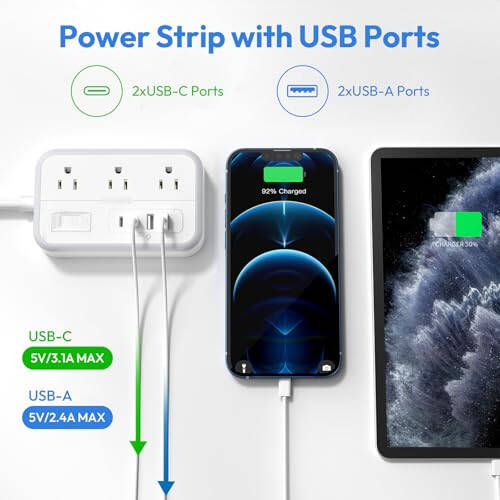 15 Feet Uzunluğunda Uzatma Kablosu, 6 Geniş Prizli ve 4 USB Portlu Akım Koruyucu Priz, Düz Fiş, Duvara Monte Priz Uzatıcısı, 1080 Joule, İç Mekan Ev Ofisi, Yurt Odası Gereçleri İçin Çoklu Prizler - 5