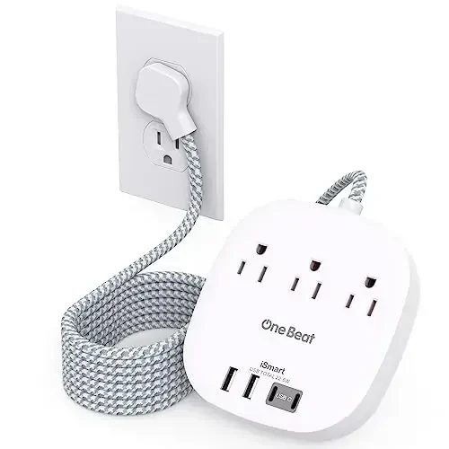 15ft Flat Plug Power Strip, Ultra Flat Extension Cord - 3 Outlets 4 USB Ports (2 USB C) 22.5W/4.5A Desktop Charging Station, Power Strip No Surge Protection for Cruise Ship Dorm Room Travel Essentials - ONE BEAT