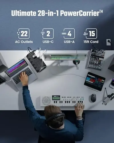 15 Ft Удлинитель с защитой от перенапряжения, SUPERDANNY с 22 розетками, 2 USB-C и 4 USB-A, 2100 Дж, 15 Ft Удлинитель для тяжелых условий эксплуатации (1875 Вт/15 А) для офиса, школы - 2