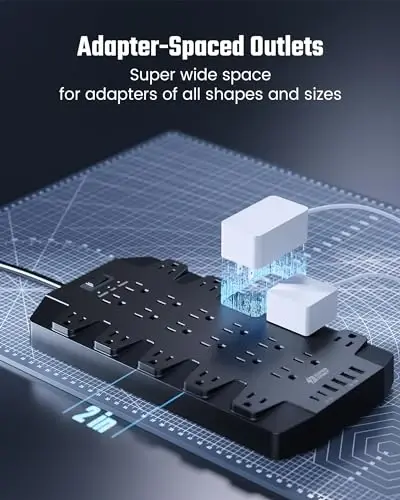 15 Ft Удлинитель с защитой от перенапряжения, SUPERDANNY с 22 розетками, 2 USB-C и 4 USB-A, 2100 Дж, 15 Ft Удлинитель для тяжелых условий эксплуатации (1875 Вт/15 А) для офиса, школы - 3