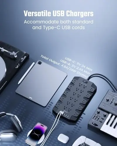 15 Ft Удлинитель с защитой от перенапряжения, SUPERDANNY с 22 розетками, 2 USB-C и 4 USB-A, 2100 Дж, 15 Ft Удлинитель для тяжелых условий эксплуатации (1875 Вт/15 А) для офиса, школы - 4