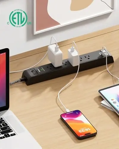15FT Power Strip Surge Protector - 2 Pack Extension Cord with 6 Outlets 4 USB Ports, Flat Plug, 900 Joules, 15A Circuit Breaker, Wall Mount for Home Office Dorm - 3