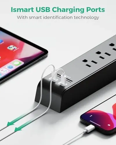 15FT Power Strip Surge Protector - 2 Pack Extension Cord with 6 Outlets 4 USB Ports, Flat Plug, 900 Joules, 15A Circuit Breaker, Wall Mount for Home Office Dorm - 6