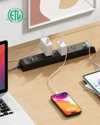 15FT Power Strip Surge Protector - 2 Pack Extension Cord with 6 Outlets 4 USB Ports, Flat Plug, 900 Joules, 15A Circuit Breaker, Wall Mount for Home Office Dorm - 3