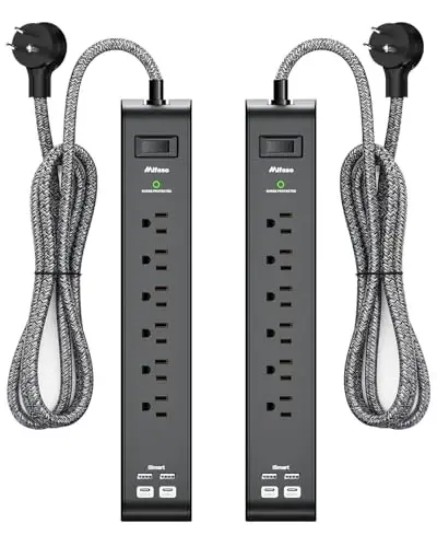 15FT Power Strip Surge Protector - 2 Pack Extension Cord with 6 Outlets 4 USB Ports, Flat Plug, 900 Joules, 15A Circuit Breaker, Wall Mount for Home Office Dorm 