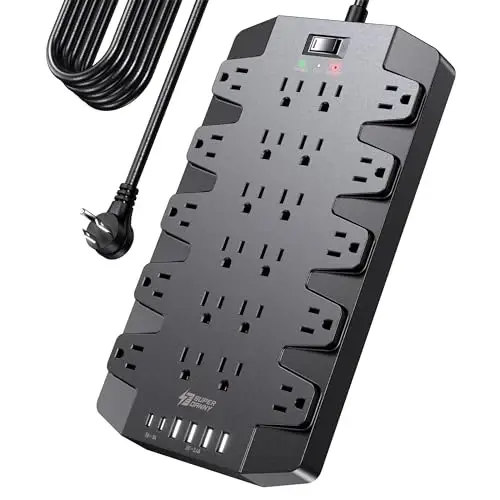 15 Ft Extension Cord Power Strips with Surge Protection, SUPERDANNY Surge Protector with 22 Outlets, 2 USB-C and 4 USB-A, 2100J, 15Ft Flat Plug Heavy Duty Extension Cord (1875W/15A) for Office, School - SUPERDANNY