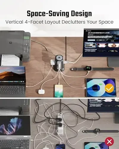 15 Ft Uzaytirgich simli elektr tarmoqli minora kuchlanishdan himoya, bir nechta rozetkali ish stoli zaryadlash stantsiyasi, 9 ta rozetka, 4 USB (2 USB-C), 1080J, Uy, ofis, yotoqxona uchun bir nechta himoya rozetka kengaytirgichi - 6