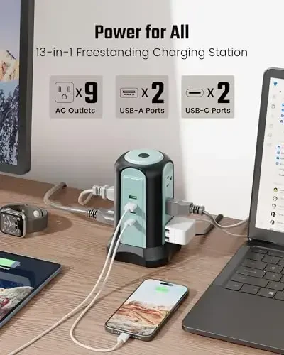 15 Ft Uzunlikdagi Uzatma Simi Elektr Tasmali Minora Aşırı Gerilim Koruyucusu, Bir Necə Rozetkali Stol Üstü Şarj Stansiyasi, 9 Rozetka, 4 USB (2 USB-C), 1080J Çoxsaylı Qoruma Rozetka Uzadıcı Ev Ofisi üçün Mavi - 6